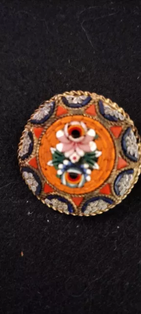 Beautiful Antique Micro Mosaic Gold Tone Brooch With Glass Tiles Of A Flower