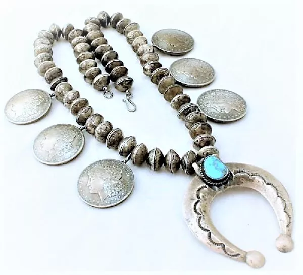 VTG Navajo Morgan Dollar Morenci Turquoise Silver Coin Squash Blossom Necklace 2