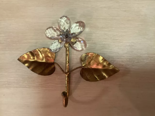 Vintage Gold Metal Glass Flower Italian Tole Hook Hanger