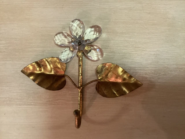 Vintage Gold Metal Glass Flower Italian Tole Hook Hanger