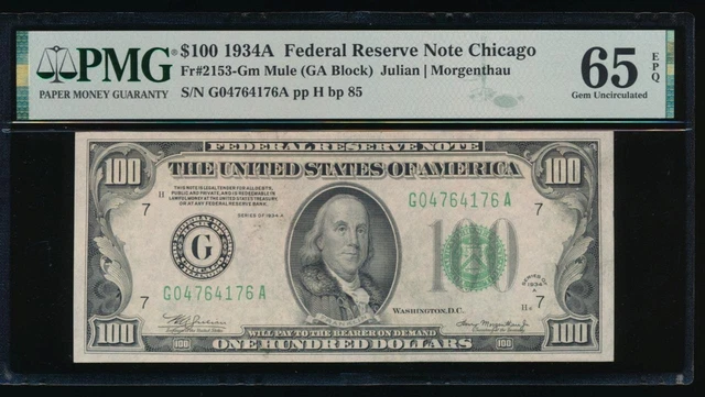 AC 1934A $100 Chicago FRN mule PMG 65 EPQ Fr 2153-G