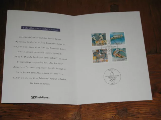 Sammler Service Jahreskarte Für den Sport 1992 mit Sonderstempel Erstausgabe