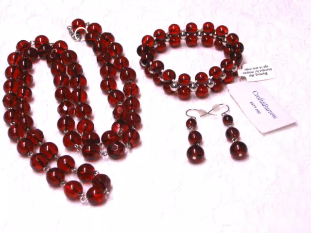 Glass Bead Jewelry Set Red Transparent Necklace Bracelet Earrings Croft & Barrow