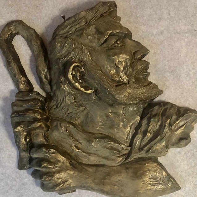 Vintage Odd Molded Figural Mans Head Dark Gold Leaf