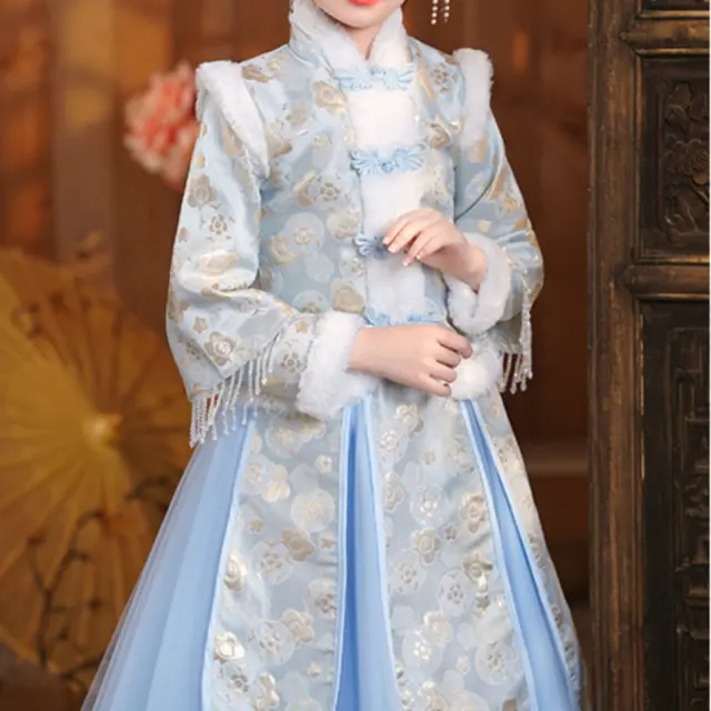 Cute Girls New Year Dress Chinese Hanfu Thick Fleece Lined Embroidered Tang Suit
