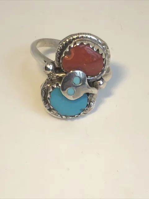 EFFIE C. Silver & Turquoise w' Coral Zuni Effie C. Snake Ring 6-6 1/2