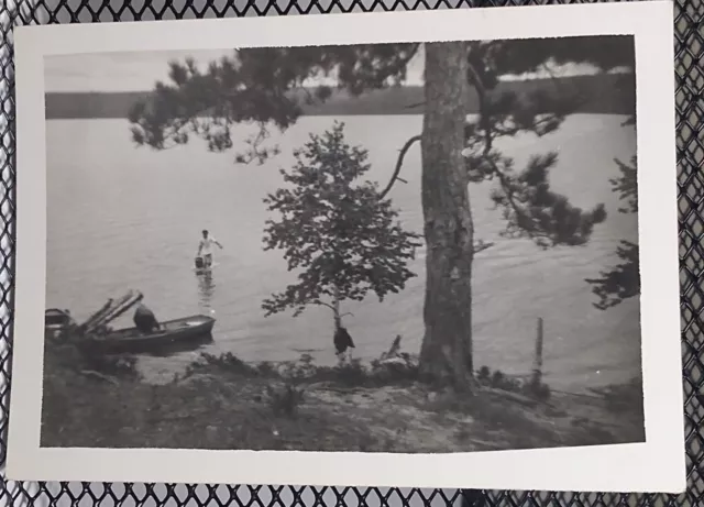 c.1940's Shallow Lake Bucket Carry Boat Mountains Vintage Photo