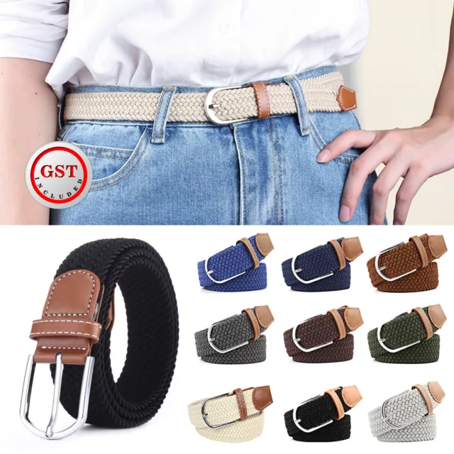 Unisex Stretch Elastic Braided Woven Canvas Buckle Jeans Waist Belt Waistband