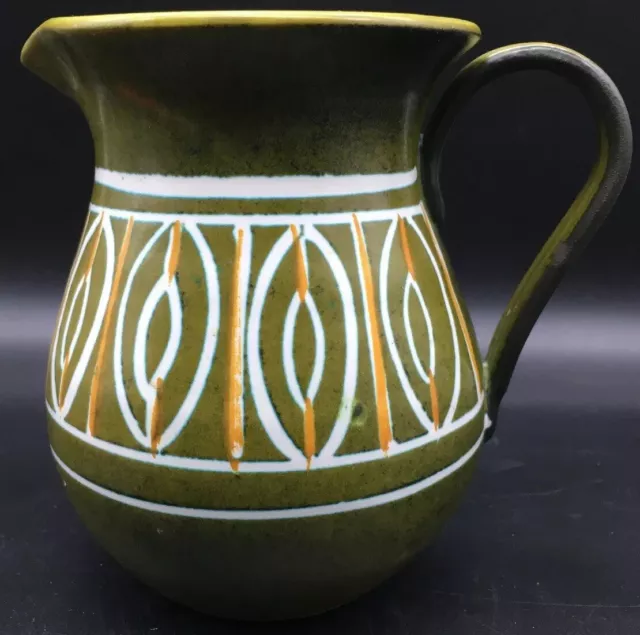 5.5" signed Italian Avocado Green Pottery Pitcher Vintage MCM Italy Jug 7012