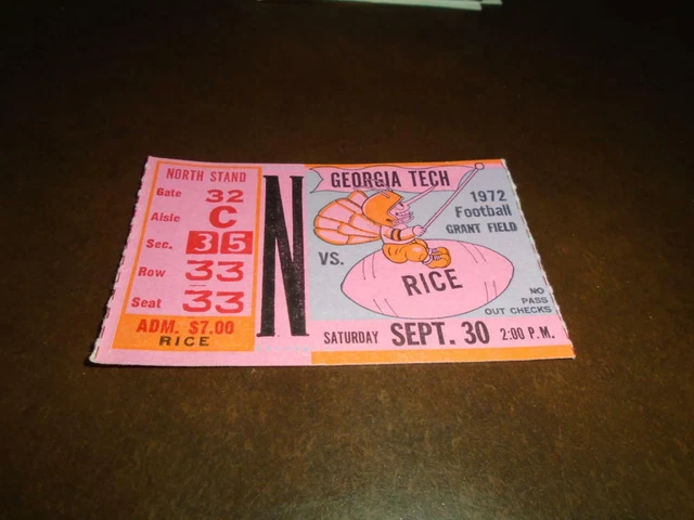 1972 Rice At Georgia Tech College Football Ticket Stub