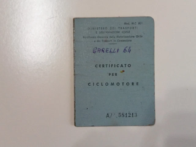 Libretto Circolazione Ciclomotore GARELLI 1964 ORIGINALE