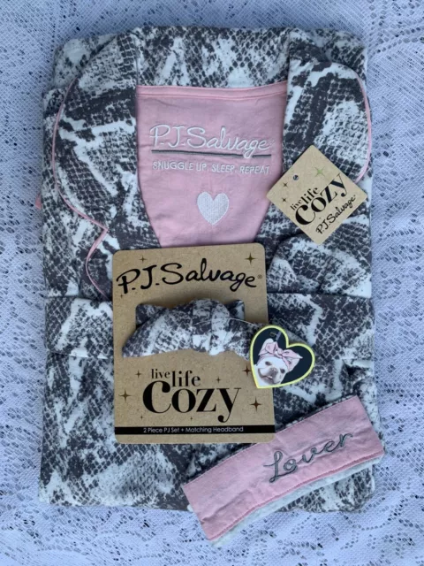 Pj Salvage M Women's "Lover" Cozy 2-Piece Flannel Pajama Set + Headband Nwt