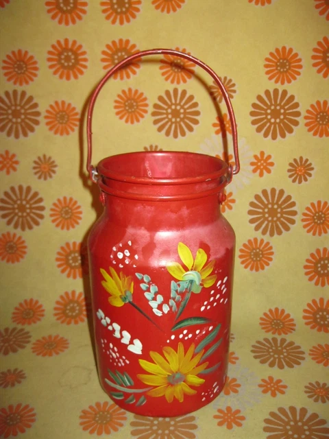ANCIEN POT À lait en tôle émaillé Blanc rouge doré - ST SERVAIS