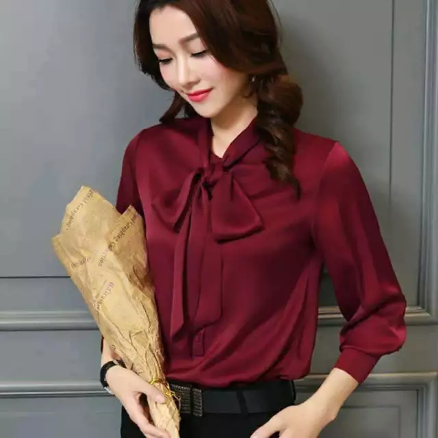 Donna Finta Seta Camicia Raso Coreana Top Fiocco Camicetta Business Vintage Slim