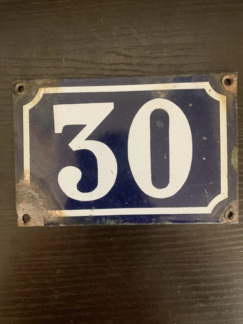 Vintage French Art-Deco Style Large Blue & White Enamel Door Number Plate # 30.