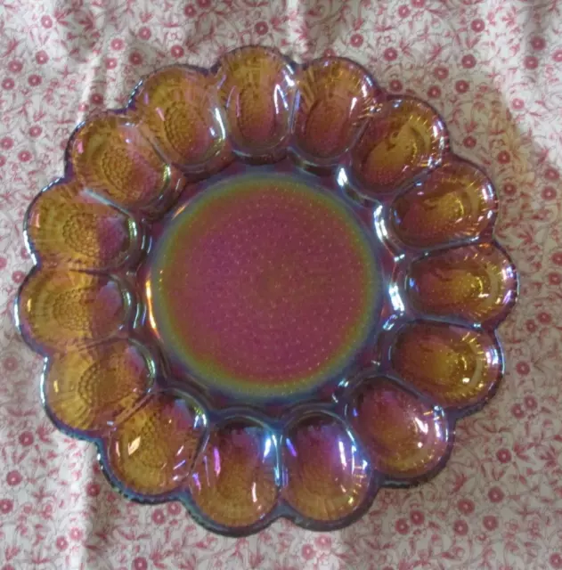 Indiana Depression Marigold Carnival Glass Deviled Hobnail 15 Egg Plate Vintage