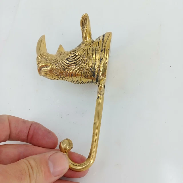 large RHINO Wall Hook Pure solid 100% Brass aged 6 " vintage old style polishedB