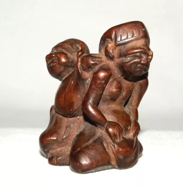 Antique Japanese Folky Wooden Carved Netsukes Seated Figure Carrying Baby (FeH