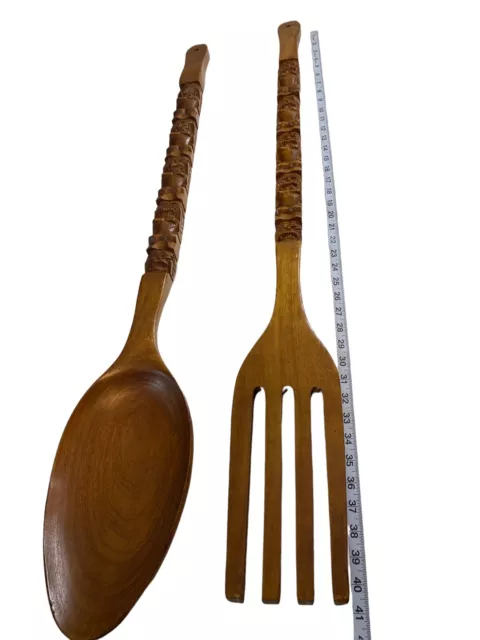 Huge 41” Carved Wood Fork & Spoon Wall Decor Wooden Tiki Totem 1970'S Giant