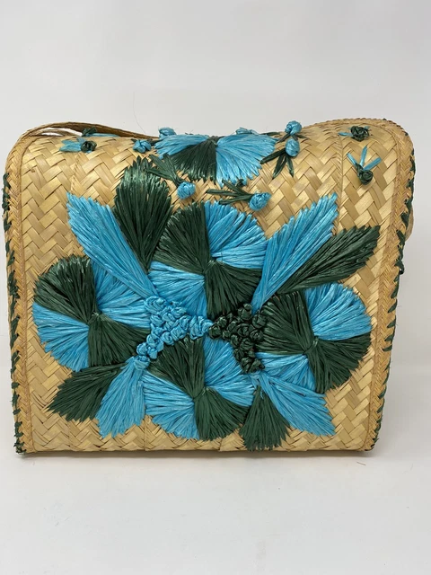 Vintage Raffia Straw Floral Woven Boho Large Beach Purse Tote Bag Blue Green