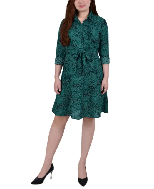 MSRP $52 Ny Collection Womens Petite Belted Shirt Dress Green Size PMedium