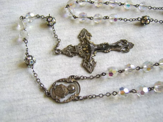 Antique 1890's Rosary AB Beads Regina Antaya Sterling 24" Catholic Sacred Heart