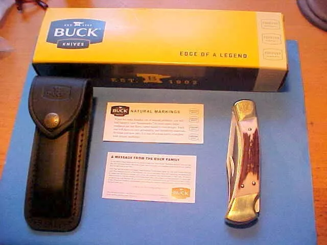 Unused Custom Buck 110 Knife Montana Elk Antler Fat Stag Handle Sheath Box Cards