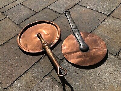 French Antique Pair 2 Copper Sauce Pan Lid Tinned Cast Iron Handle Riveted Vtg