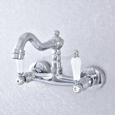 Polished Chrome Swivel Spout Wall Mount Bathroom Sink Faucet Mixer Lavatory Tap