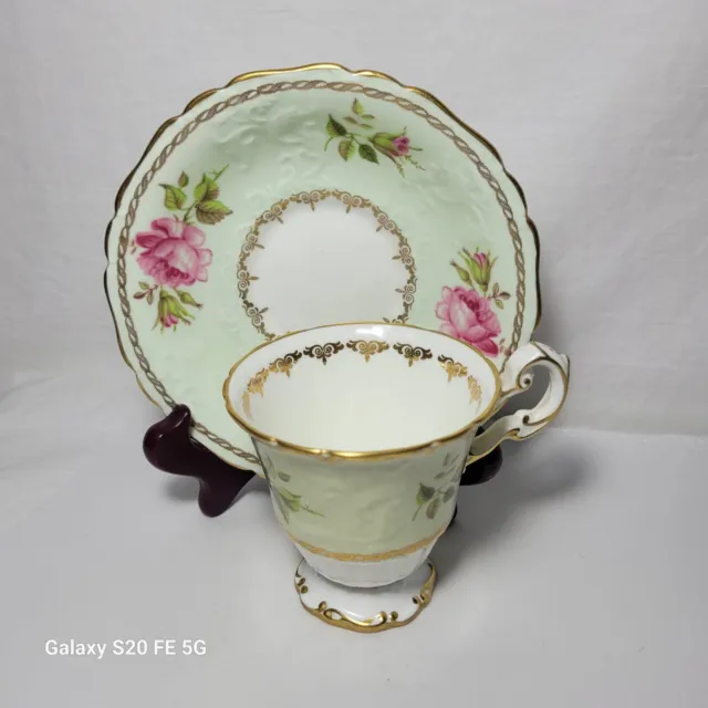 Vintage EB Foley England Teacup and Saucer - Green Pink Roses #3142 Embossed