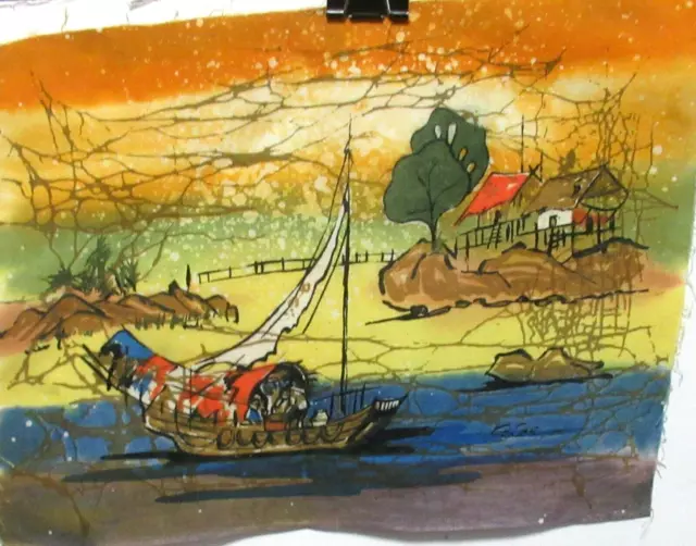 Malaylsian Village Boat Original Batik Painting Signed