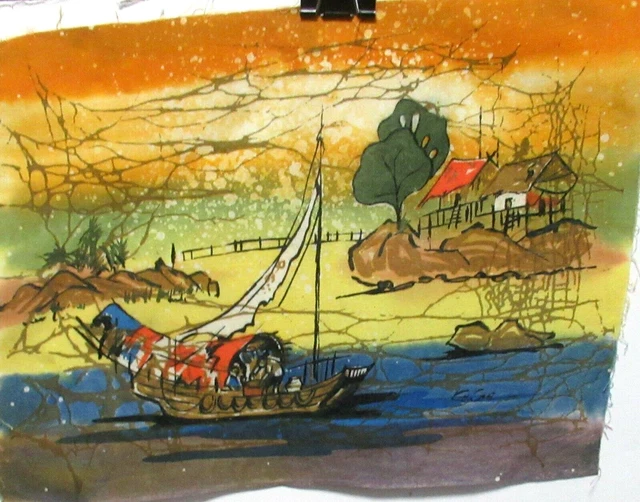 Malaylsian Village Boat Original Batik Painting Signed