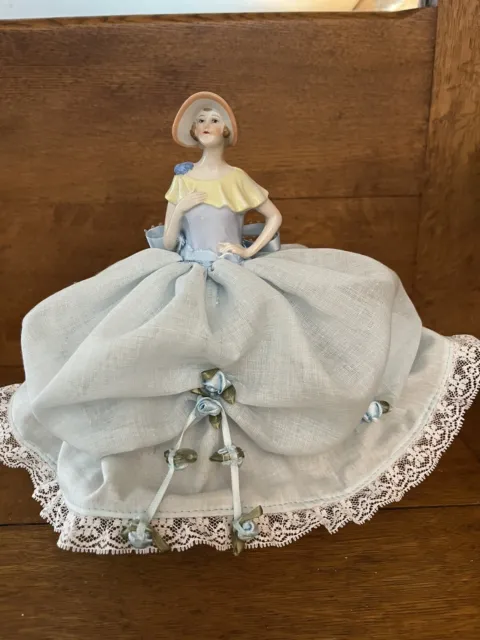 Antique German Porcelain Pin Cushion Half Doll Beautifully Made Dress 8”