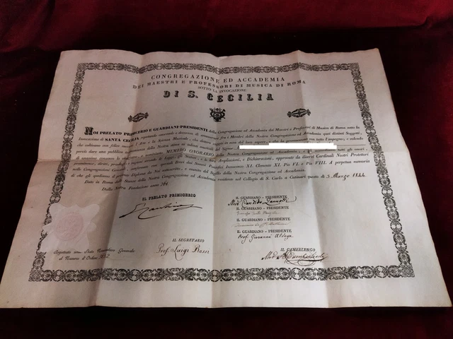 Diploma Accademia S. Cecilia - 5 Marzo 1844
