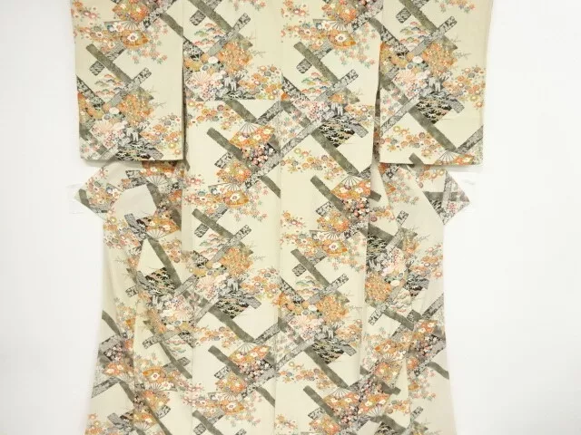 11094# Japanese Kimono / Antique Kimono / Folding Fan Pattern & Floral Plant
