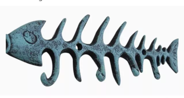 Nautical Coastal Fish Bones Cast Iron Wall Hook Peg Decor Teal Black