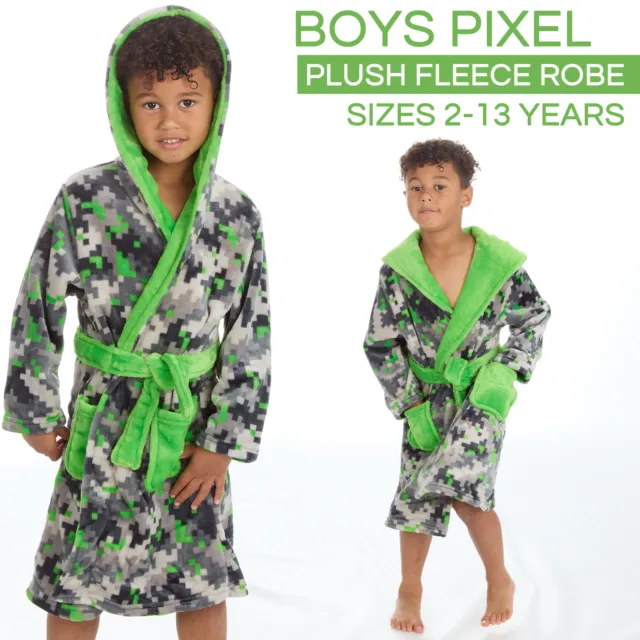 Kids Boys Pixel Minecraft Bathrobe Plush Fleece Hooded Dressing Gown 2-13 Years