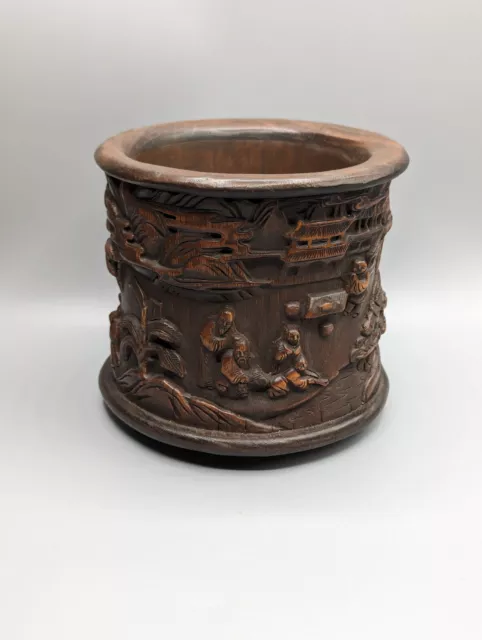 Chinese Wood Bamboo Carved Brush Pot - Signed, Scholars, Bitong, early 20th