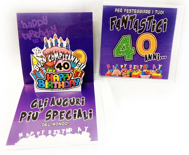 TOG BEG® Biglietto di auguri pop-up 3D con numero 40 e decorazioni come palloncini, regali e grammofono per il 40° compleanno, ragazzo o anniversario, con busta, biglietto pop-up per compleanno 40