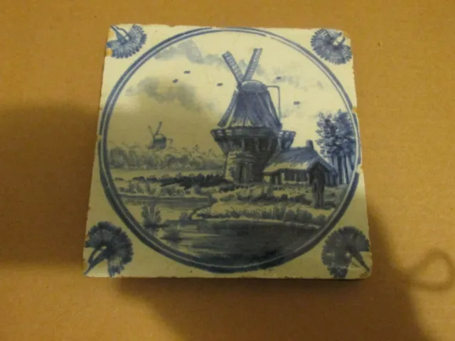 Antique Delft Holland Hand Painted Blue Ceramic Tile Windmill