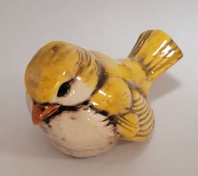 Vintage Mini Yellow & Black Sitting Glossy Ceramic Chickadee Baby Bird 2.25"