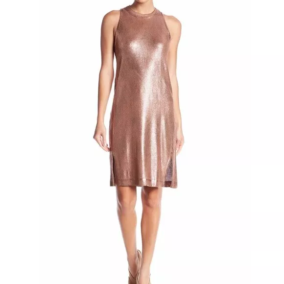 Splendid Dress Rose Gold Coated Knit Dress Sleeveless Side Slits SZ S New