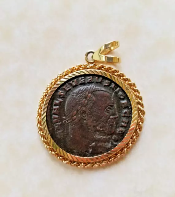 Ancient Roman Bronze Coin Emperor Severus Pendant 14kt Yellow Gold Setting
