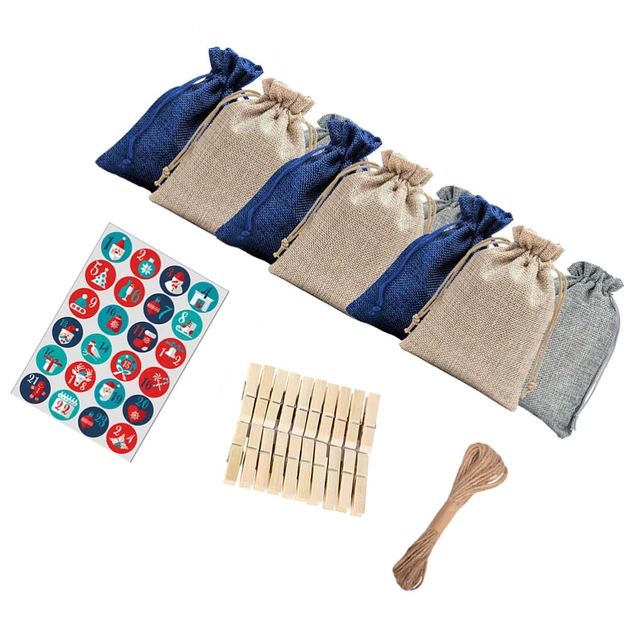 24 PIEZAS Calendario de Adviento de Navidad - Bolsos Set con Pegatinas Colgantes Hágalo Usted Mismo