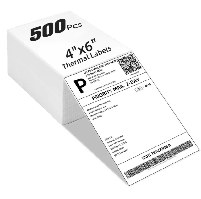 500pcs 4"x6" Fanfold Direct Thermal Shipping Labels for Zebra and Rollo Printers