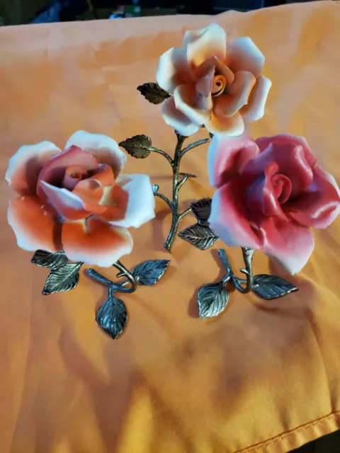 Vintage  Three Capodimonte  porcelain rose & metal  leaves figure