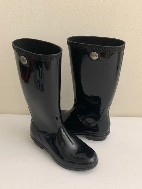 UGG Womens Rain Waterproof Black Rubber Boots Shoes Sheepskin Sole Size 7