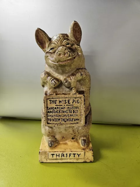 1930’s Thrifty Wise Pig Cast Iron Piggy Bank
