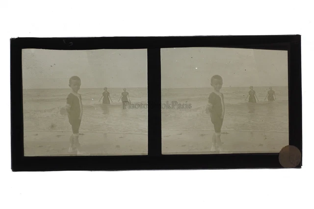 À la Plage Mode balnéaire Snapshot France Photo Stereo Plaque de verre c1930