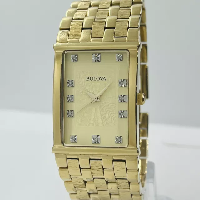 Bulova Men's Diamond Stainless Steel Gold Rectangle 25mm X 34mm Watch 97F52